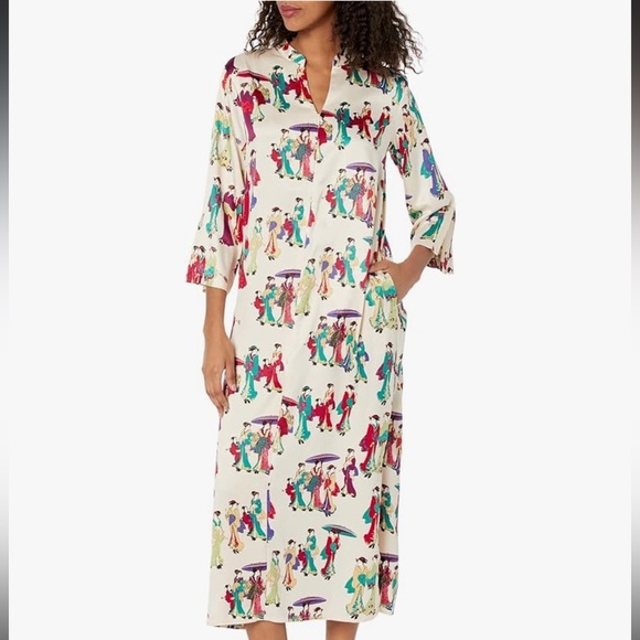 N Natori Geisha Printed Satin Zip Caftan Dress Size M Mandarin Soft Casual PJ’s - Picture 3 of 11